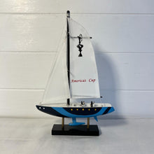 Load image into Gallery viewer, AMERICAS CUP MODEL YACHT BLUE HULL | Sailing | Yacht | Boats | Models | Nautical Gift | Sailing Ornaments | Yacht on Stand
