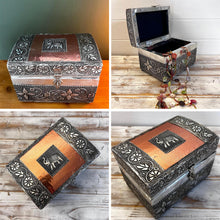 Load image into Gallery viewer, Distressed Wooden Jewelry &amp; Keepsake Box with Silver &amp; Copper Alloy Finish, Elephant &amp; Floral Decor
