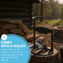 Load image into Gallery viewer, 𝗖𝗔𝗦𝗧 𝗜𝗥𝗢𝗡 𝗟𝗢𝗚  𝗦𝗣𝗟𝗜𝗧𝗧𝗘𝗥 𝗪𝗜𝗧𝗛 𝗛𝗔𝗠𝗠𝗘𝗥 | 31cm (12”) (H) | Wood &amp; Kindling Splitting Tool | Firewood Cutter with Pre-Drilled Base | Splitting Blade | Fireplace Decor
