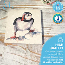 Load image into Gallery viewer, CURIOUS PUFFIN STONE COASTER | Stone Coasters | Animal novelty gift | Coaster for glass, mugs and cups| Square coaster for drinks | Puffin gift | Meg Hawkins art | 10cm x 10cm
