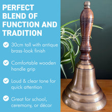 Load image into Gallery viewer, 𝟯𝟬𝗖𝗠 𝗧𝗥𝗔𝗗𝗜𝗧𝗜𝗢𝗡𝗔𝗟 𝗛𝗔𝗡𝗗 𝗕𝗘𝗟𝗟 with Wooden Handle Classic School and Service Bell Vintage Style Brass

