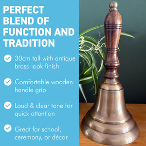 𝟯𝟬𝗖𝗠 𝗧𝗥𝗔𝗗𝗜𝗧𝗜𝗢𝗡𝗔𝗟 𝗛𝗔𝗡𝗗 𝗕𝗘𝗟𝗟 with Wooden Handle Classic School and Service Bell Vintage Style Brass