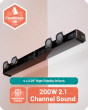 Load image into Gallery viewer, Refurbished Oakcastle 𝗦𝗕𝟴𝟬 𝗫𝗧𝗥𝗔 𝟮𝟬𝟬𝗪 𝟮.𝟭 𝗖𝗛𝗔𝗡𝗡𝗘𝗟 𝗦𝗢𝗨𝗡𝗗 𝗕𝗔𝗥 FOR TV with External Subwoofer | Bluetooth 5.3 Soundbar with HDMI ARC, Optical, AUX &amp; USB Playback | Home Cinema TV Speakers with Remote &amp; Wall Mount
