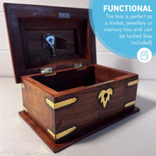 Load image into Gallery viewer, Wooden lockable Trinket Box with brass inlay, decorative detailing, and key for secure storage
