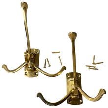 Load image into Gallery viewer, Set of Two Polished Brass 𝟯-𝗣𝗥𝗢𝗡𝗚 𝗦𝗪𝗜𝗩𝗘𝗟 𝗖𝗢𝗔𝗧 𝗛𝗢𝗢𝗞𝗦,  Folding Wall Mount Hanger with Screws Included
