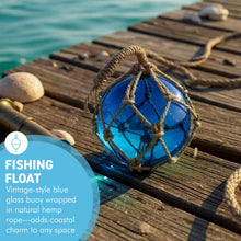 Load image into Gallery viewer, DEEP BLUE GLASS FISHING FLOAT ORNAMENTAL SEA BUOY | hand blown | nautical seafaring fishing rustic décor | 10cm diameter | with rustic brown string netting and hanging loop | Japanese style glass fishing floats
