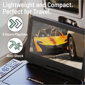 12” Portable DVD Player | Rechargeable DVD Player Portable with 10.5 inch HD Swivel and Flip Screen | Mains or Car Powered, Region Free, Anti-Shock Protect, Remote Control | Oakcastle DVD120