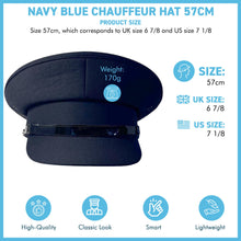 Load image into Gallery viewer, Navy Blue Chauffeur&#39;s Cap,  Classic Round-Domed Hat, High-Quality Polyester, PVC Band, Leatherette Sweatband, Size 57cm,  Ideal for Professional &amp; Elegant Look
