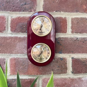 Wooden Barometer & Thermometer | Weather station wall room indoor thermometer |  19cm x 10cm | Two dials – one for temperature and one for humidity