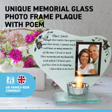 Load image into Gallery viewer, Their Smile - Inspirational poem, candle and photo holder glass memorial plaque
