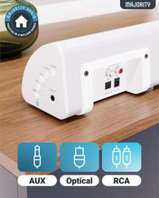 Load image into Gallery viewer, Majority White Snowdon | 𝗕𝗟𝗨𝗘𝗧𝗢𝗢𝗧𝗛 𝗦𝗢𝗨𝗡𝗗 𝗕𝗔𝗥 𝗙𝗢𝗥 𝗧𝗩 | Built-in Subwoofer | 120 Watts 2.1 Channel Sound | RCA, Optical, and AUX Connection | Wall Mountable | 81 CM | Remote Control Included
