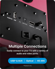 Load image into Gallery viewer, New Majority 𝗗𝟱𝟬𝗫 𝗕𝗟𝗨𝗘𝗧𝗢𝗢𝗧𝗛 𝗕𝗢𝗢𝗞𝗦𝗛𝗘𝗟𝗙 𝗦𝗣𝗘𝗔𝗞𝗘𝗥𝗦 – 60W Hi-Fi 2.0, Wireless, HDMI ARC, Optical, AUX &amp; USB, Remote, Maroon
