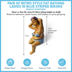 2 Retro Style Fat Bathing Ladies in Blue Striped Bikinis, Novelty Bathroom Figurines