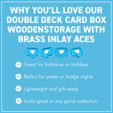 Load image into Gallery viewer, PREMIUM WOODEN CARD BOX DOUBLE DECK w/ Brass Inlay Aces Design – Includes 2 Decks for Game Night

