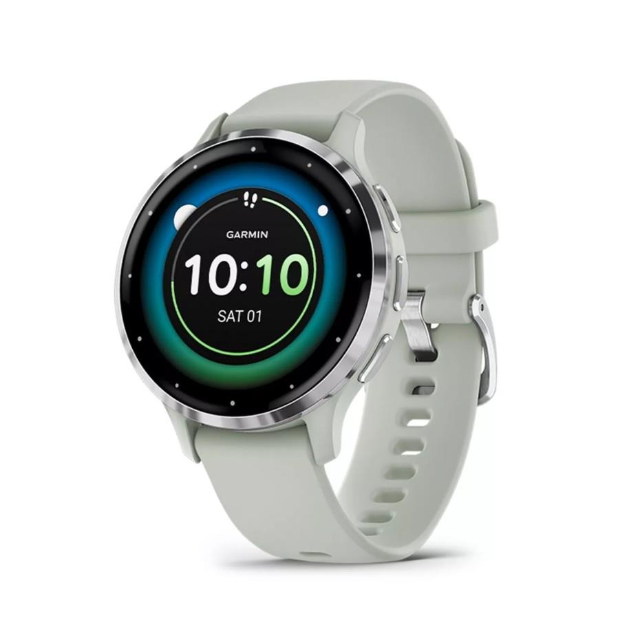 Garmin Venu 3S, Silver Stainless Steel Bezel, Sage Grey Case, Silicone Band 41mm