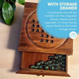 Wooden Solitaire with Drawer for Traditonal Green Marbles | Travel Games | Strategic & Traditional Games | Perfect for Adults & Family Fun