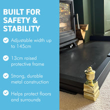 Load image into Gallery viewer, 𝗔𝗗𝗝𝗨𝗦𝗧𝗔𝗕𝗟𝗘 𝗕𝗟𝗔𝗖𝗞 𝗙𝗜𝗥𝗘 𝗙𝗘𝗡𝗗𝗘𝗥 𝗪𝗜𝗧𝗛 𝗣𝗢𝗟𝗜𝗦𝗛𝗘𝗗 𝗙𝗜𝗡𝗜𝗔𝗟𝗦 (𝟭𝟰𝟱𝗰𝗺 𝗠𝗮𝘅 𝗟𝗲𝗻𝗴𝘁𝗵) | Self Assembly | Fireplace Hearth Guard | Protective Barrier to prevent Ash &amp; Spark damage
