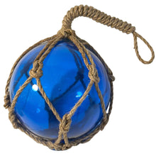 Load image into Gallery viewer, DEEP BLUE GLASS FISHING FLOAT ORNAMENTAL SEA BUOY | hand blown | nautical seafaring fishing rustic décor | 10cm diameter | with rustic brown string netting and hanging loop | Japanese style glass fishing floats
