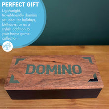 Load image into Gallery viewer, DOMINOES SET IN WOODEN STORAGE BOX – Chrome Inlay Lid – Resin Tiles – Classic Game for Family &amp; Friends

