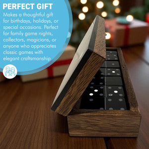 𝗛𝗔𝗡𝗗𝗖𝗥𝗔𝗙𝗧𝗘𝗗 𝗪𝗢𝗢𝗗𝗘𝗡 𝗗𝗢𝗠𝗜𝗡𝗢 𝗦𝗘𝗧 with Silver Inlay and Acrylic Hinged Lid – Black & Natural Wood, Elegant Game Night Gift