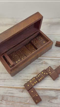 Load and play video in Gallery viewer, Solid Wood Dominoes Set with Brass Inlay Storage Box - 28 Tiles with Brass Spots and a Hinged Lid
