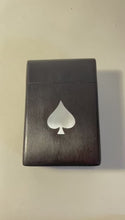 Load and play video in Gallery viewer, Handcrafted wooden playing card box in black with Ace of Spades design, stylish storage for card enthusiasts
