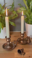 Load and play video in Gallery viewer, Pair of Wee Willie Winkie Chambersticks – Brass with Snuffers
