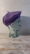 Load and play video in Gallery viewer, Purple French Beret Hat | Classic wool hat | One size | French cap |  Fancy dress theme hat | Vintage French Beret solid colour | Unisex style ideal for men and women
