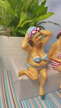 Load and play video in Gallery viewer, 2 Retro Style Fat Bathing Ladies in Striped Bikinis, Novelty Bathroom Figurines
