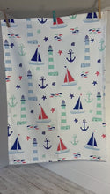 Load and play video in Gallery viewer, Nautical Beach Tea Towel| 100% Cotton tea towel | Kitchen hand towel | Nautical gift | Beach themed gift | Perfect gift for beach lovers | 70 cm x 50 cm
