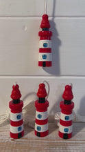 Load and play video in Gallery viewer, Set of 4 Red and white Lighthouse light pulls | Nautical Theme Wooden Lighthouse Cord Pull Light Pulls
