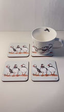 Load and play video in Gallery viewer, Set of 4 x Cork Coasters with Watercolour Design of Puffins, Wildlife Coaster
