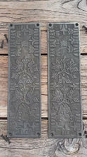 Load and play video in Gallery viewer, Set of 2 Aztec Ornate Antique Iron Push Finger Plates – Traditional Cast Iron Door Protection
