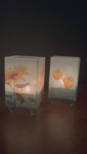 Load and play video in Gallery viewer, Set of 2 Floral Glass Votive Candle Holders,  Sunflower &amp; Yellow Tulip
