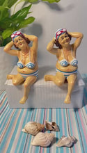 Load and play video in Gallery viewer, 2 Retro Style Fat Bathing Ladies in Blue Striped Bikinis, Novelty Bathroom Figurines
