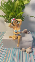 Load and play video in Gallery viewer, Retro Style Fat Bathing Lady in Blue Striped Bikini, Novelty Bathroom Figurine
