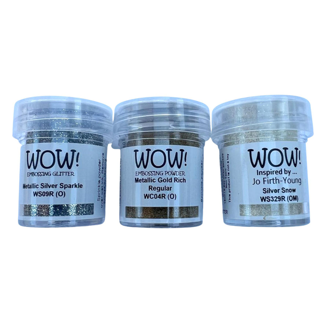 WOW! 3 piece Embossing Glitter Winter Collection| 3 x 15ml pots | Silver Sparkle Silver Snow and Metallic Gold Rich| Free your creativity and enhance your card making sparkle | High-quality and NON-TOXIC