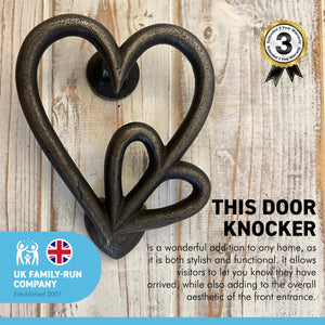 Cast Iron antique style Double Heart Door Knocker | The size of this door knocker is 15cm (L) x 14cm (W) | Fixing Screws Supplied