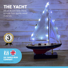 Load image into Gallery viewer, Illuminated detailed wooden assembled display model of a J Class style Yacht | LED lights along the mast and sails | ready for display | adjustable rigging blocks sewn cotton sails | length 25cm height 36cm
