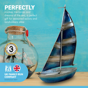 DECORATIVE MODEL METAL BERMUDA STYLE RIGGED ORNAMENTAL YACHT | Striped sails | 17cm (L) x 26cm (H) | Ready for display |Perfect for a nautical themed bathroom