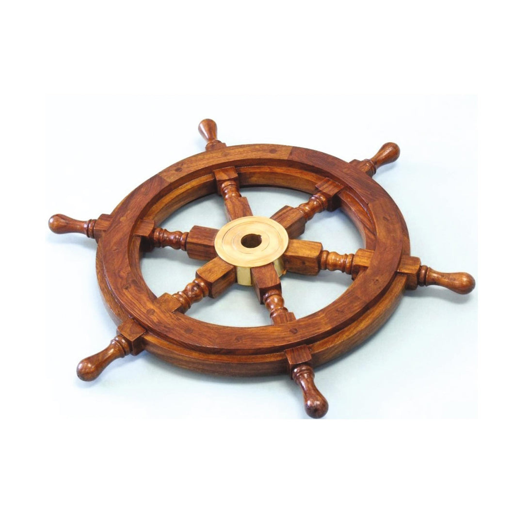 Traditional ship's 6 spoke wooden wheel with brass centre section