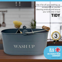 Load image into Gallery viewer, Stonewashed Blue colour kitchen sink enamel washing up sink tidy with wooden handled brush
