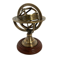 Load image into Gallery viewer, ARMILLARY SPHERE PAPERWEIGHT | NAUTICAL ORNAMENTAL PAPER WEIGHT | 13cm high | Revolving centre | Nautical gifts for desk | Machined brass mounted on hardwood |mantelpiece ornament
