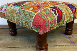 Classic patchwork brocade green Indian footstool