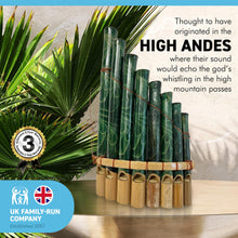 Load image into Gallery viewer, PERUVIAN PANPIPES FEATURING LEAF PATTERN 20cm x 12cm | 8 Pipes | Traditional South American Instrument | Pan Pipe instrument | flute instrument | instrumental | Fair Trade
