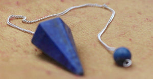 Lapis Lazuli faceted pendulum dowser on silver chain with pendulum board