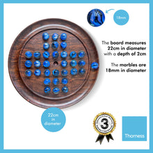 Load image into Gallery viewer, 22cm Diameter WOODEN SOLITAIRE BOARD GAME with BRILLIANT BLUE SWIRL GLASS MARBLES
