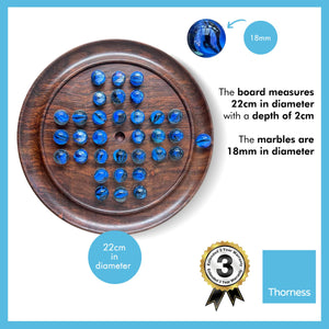 22cm Diameter WOODEN SOLITAIRE BOARD GAME with BRILLIANT BLUE SWIRL GLASS MARBLES