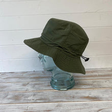 Load image into Gallery viewer, COUNTRY GREEN 58CM SHOWERPROOF BRIMMED TRILBY BUCKET STYLE HAT | Water-Repellent Bucket style Hat | 100% cotton | lightweight and breathable |foldable | Elasticated toggle for adjustable size
