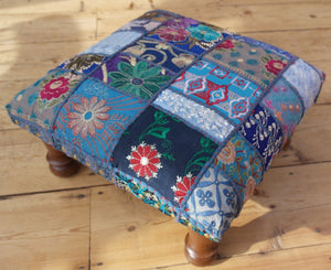 Classic patchwork brocade deep blue Indian footstool